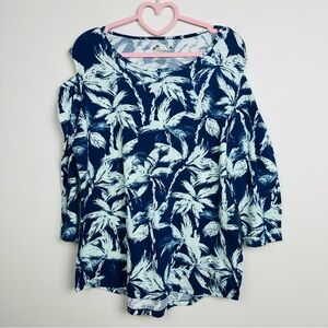 Stylish Navy and White Leaf Print Blouse Size Large